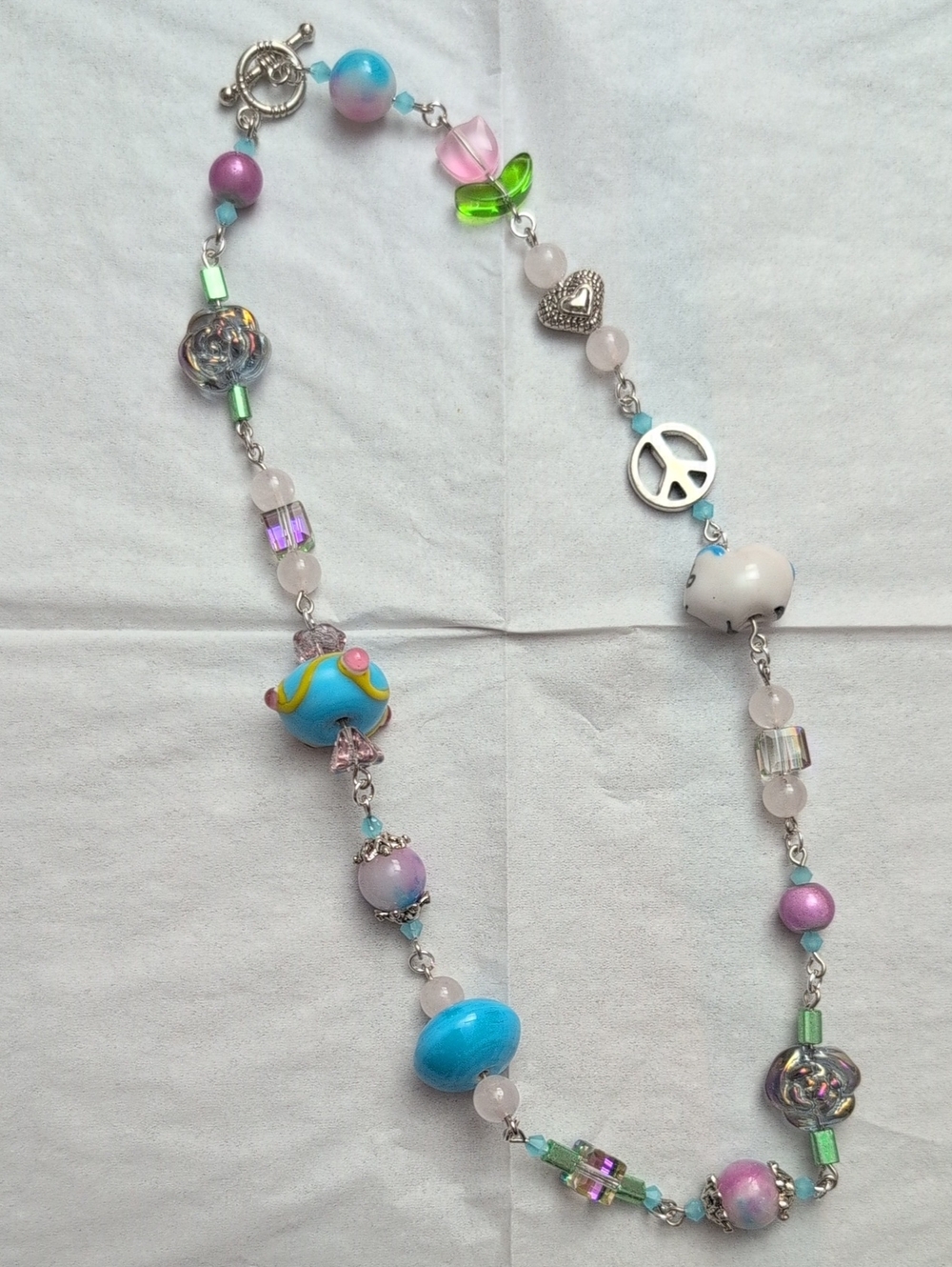 Handmade Pastel Jade, Handblown Glass, Glass, Crystal Silver Tone Necklace